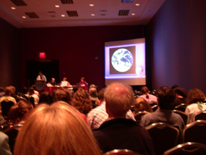 Keynote speaker Tom Schroeder, of Utah State, addresses the Evening Peace Forum at San Antonio TESOL 2005