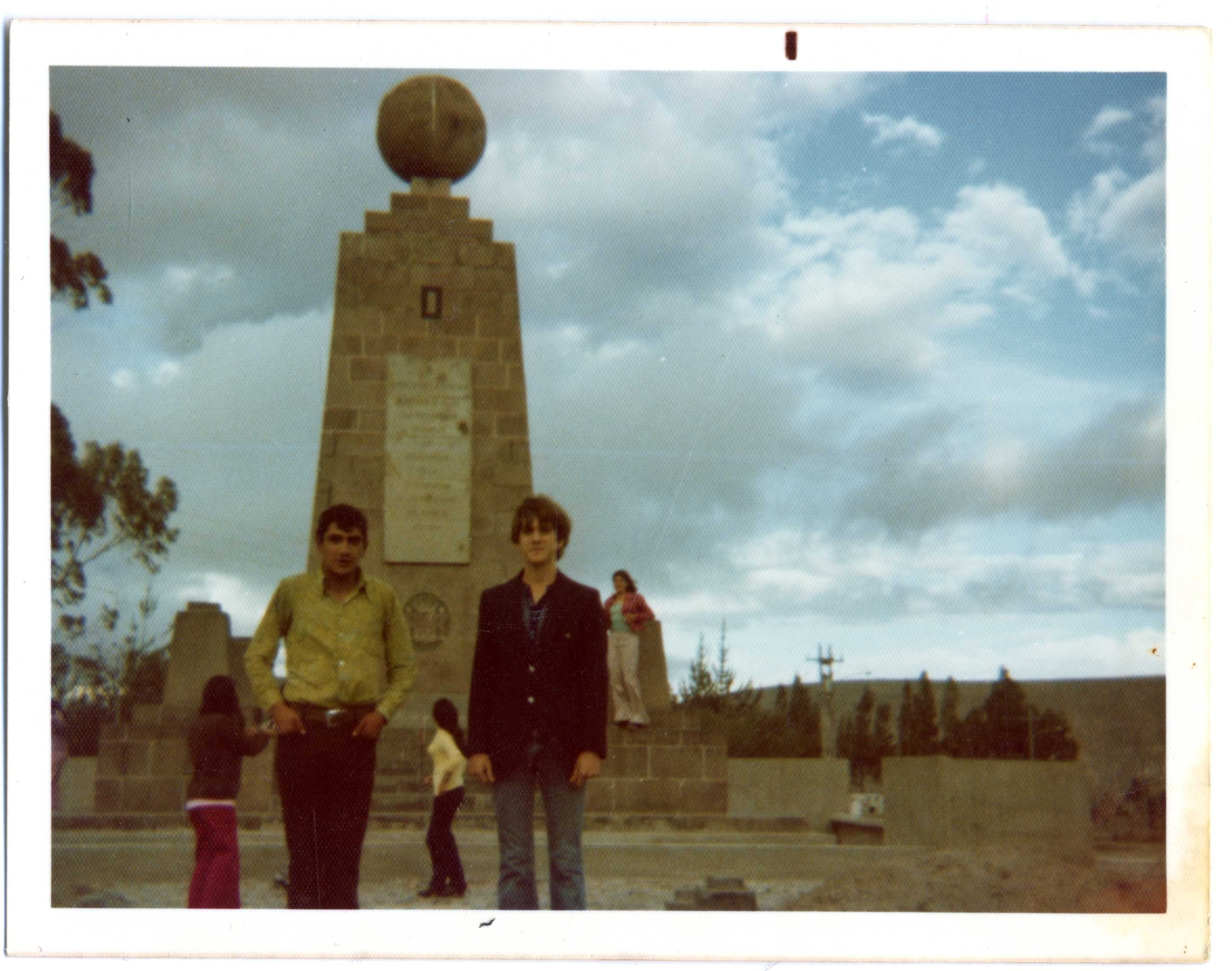photograph of Fabian Sancho and Robb Scott at Mitad del Mundo near Quito, Ecuador, in August, 1974