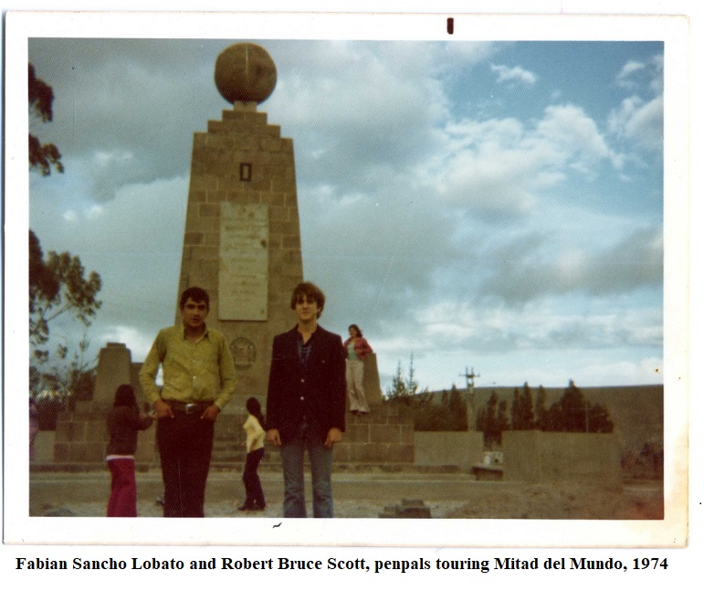 The two penpals, Fabian Sancho and Robb Scott, visiting the Mitad del Mundo, north of Quito, in 1974